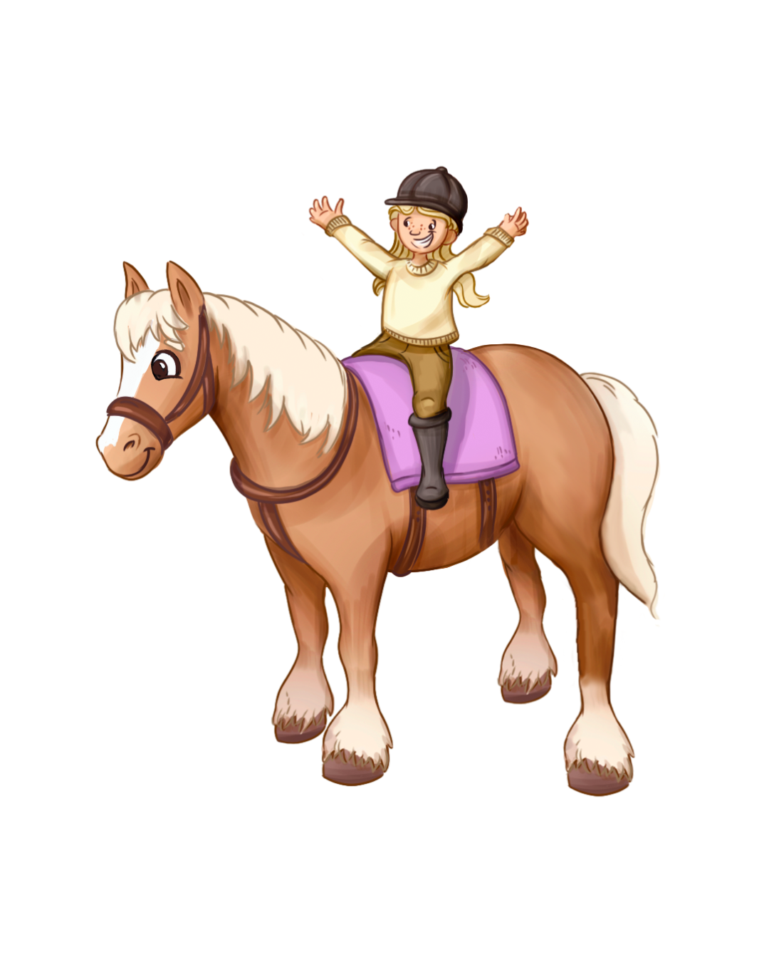 Ein lächelndes Kind in Reitkleidung steht mit erhobenen Armen auf einem braunen Pferd mit einem violetten Sattel und hält das Gleichgewicht.
