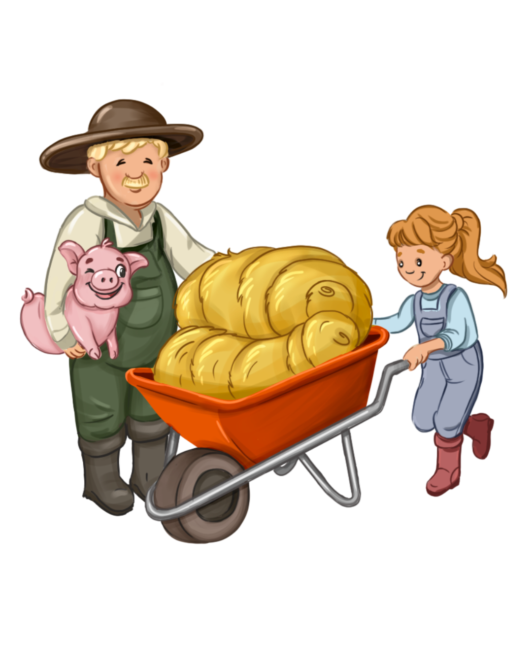 Ein Bauer, der ein Schwein im Arm hält, steht neben einem Mädchen, das eine mit Heu beladene Schubkarre schiebt.