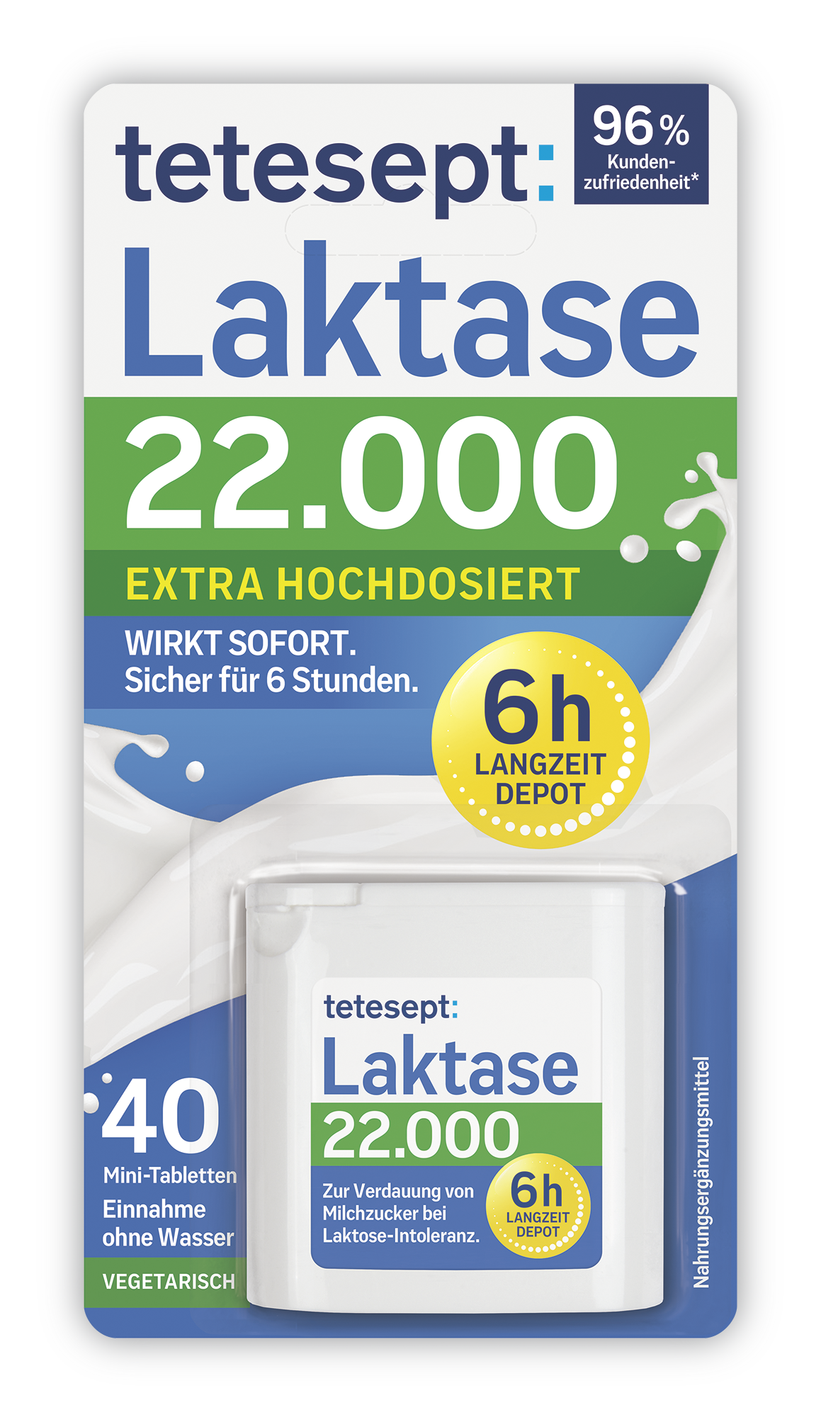 Tetesept Laktase 22.000, Packung mit 40 Minitabletten, zeichnet sich durch eine 6-stündige Wirkdauer und eine besonders hohe Dosierung aus und unterstützt die Laktoseverdauung.