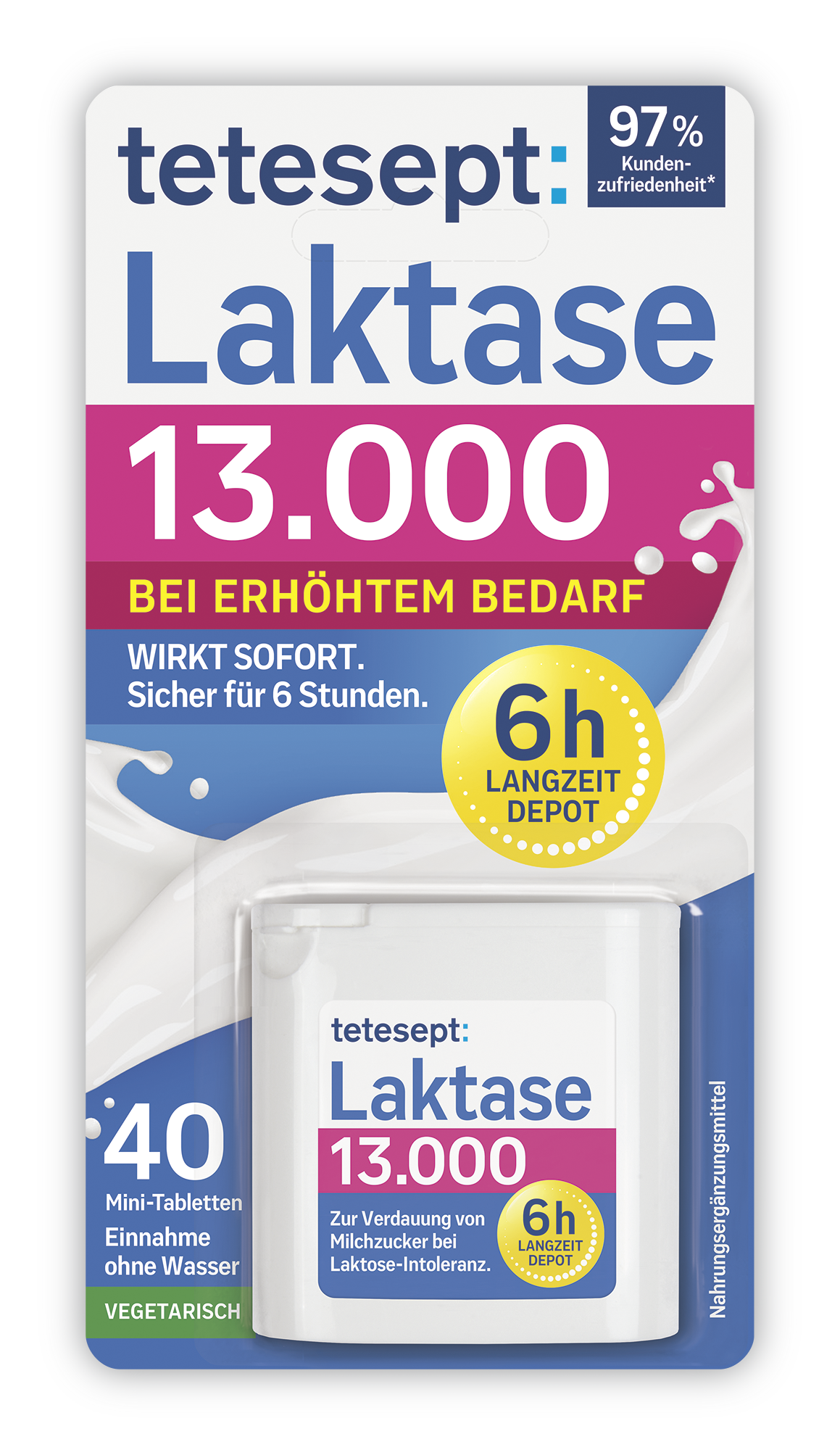 Verpackung des Nahrungsergänzungsmittels „Tetesept Laktase 13.000“ mit 40 Minitabletten zur Laktoseverdauung, gekennzeichnet mit „6-Stunden-Langzeitwirkung“.