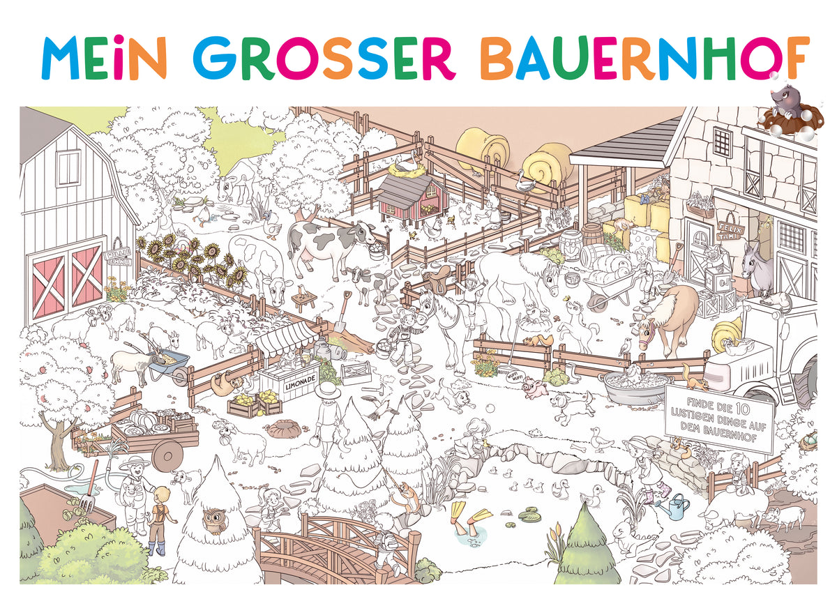 Farbenfrohe Illustration eines geschäftigen deutschen Bauernhofs mit Tieren, Scheunen, Bäumen und Menschen. Der Text lautet: „MEIN GROSSER BAUERNHOF“.