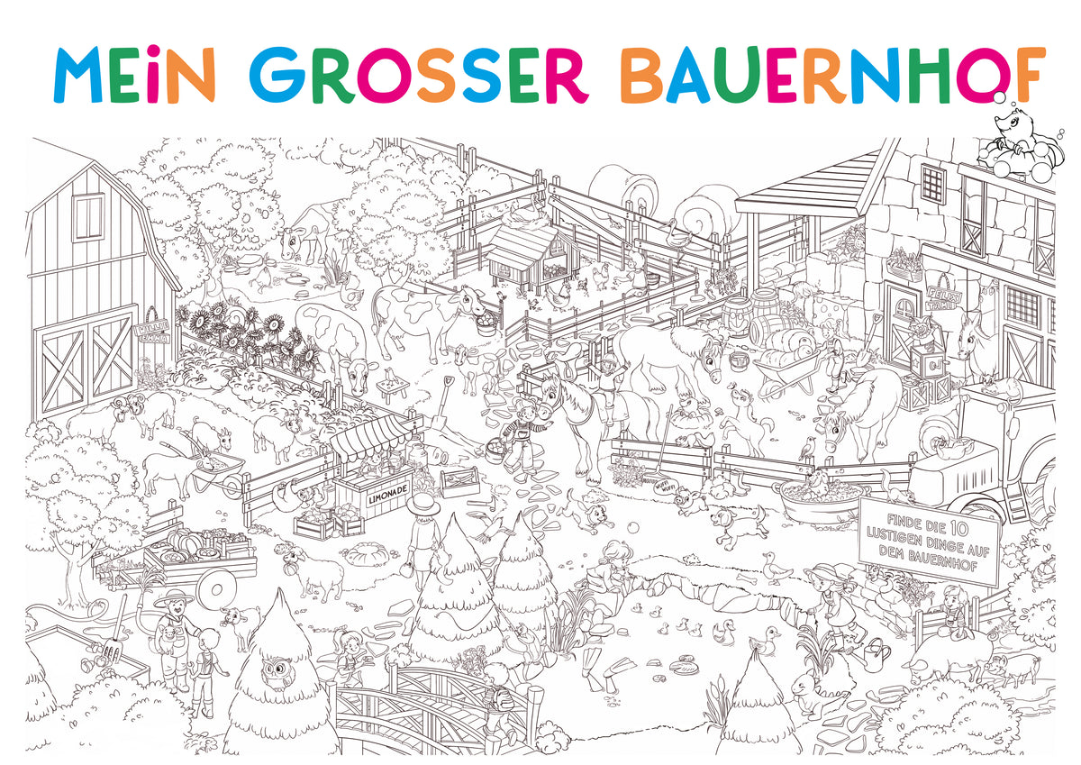 Detaillierte Strichzeichnung eines geschäftigen Bauernhofs mit Tieren, arbeitenden Menschen, Bäumen, einer Scheune und einem verspielten, farbenfrohen deutschen Titeltext.