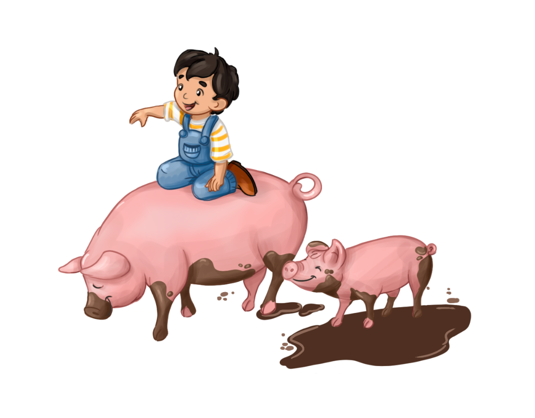 Ein Junge in einer Latzhose sitzt auf einem Schwein, während ein anderes Schwein in der Nähe in einer schlammigen Pfütze planscht.