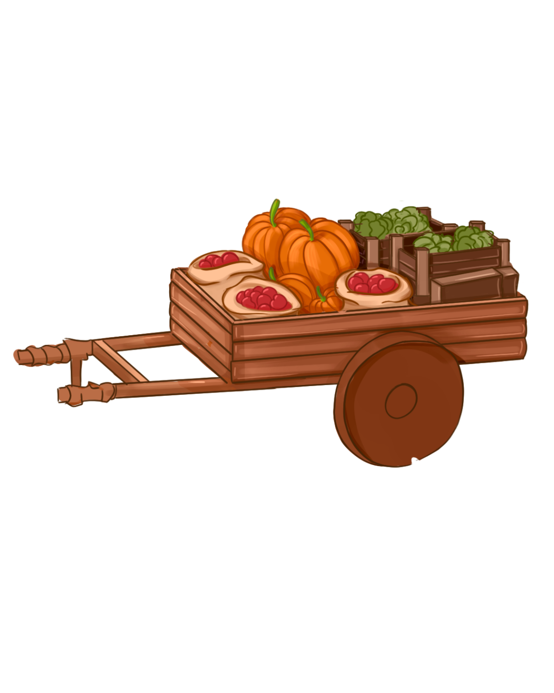 Ein Holzkarren mit Kürbissen, Kuchen und Kisten mit grünem Gemüse, die alle ordentlich darauf angeordnet sind.