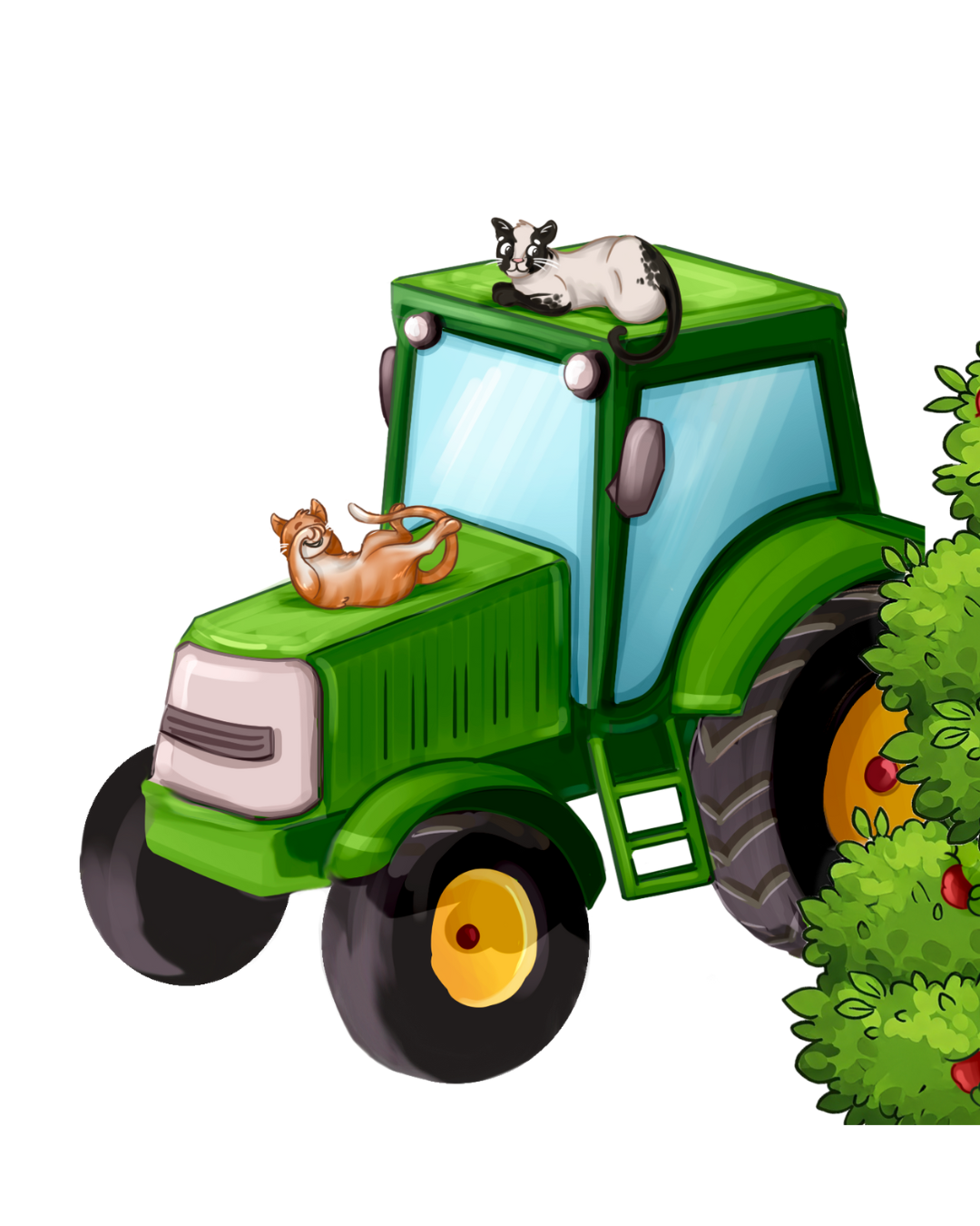 Zwei Katzen faulenzen auf einem grünen Traktor neben einem belaubten Baum mit roten Früchten.