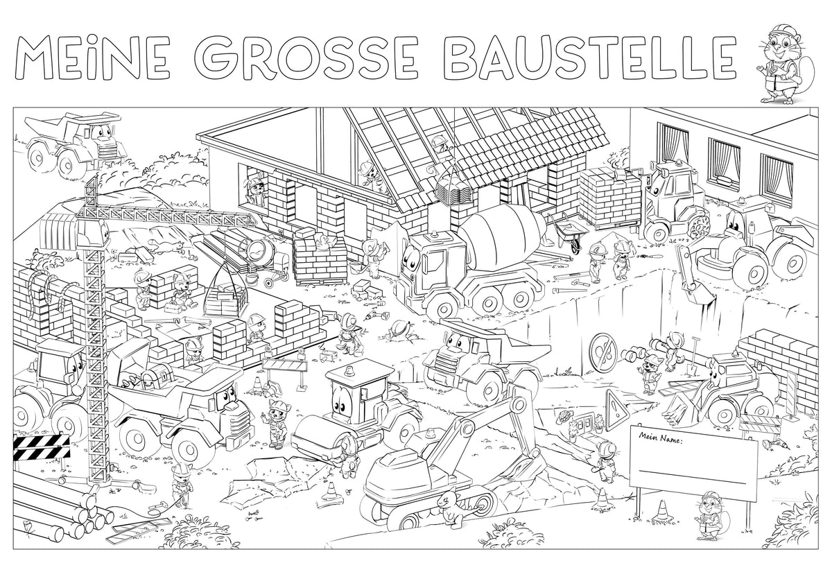 Cartoon-Baustelle mit Lastwagen, Kränen, Arbeitern und Baumaschinen; oben steht „MEINE GROSSE BAUSTELLE“.