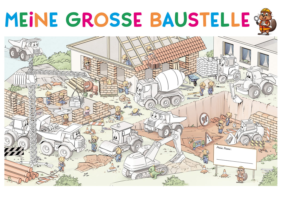 Eine geschäftige Baustelle mit Arbeitern, Lastwagen, Kränen, Ziegelsteinen und Maschinen unter dem Titel „MEINE GROSSE BAUSTELLE“.