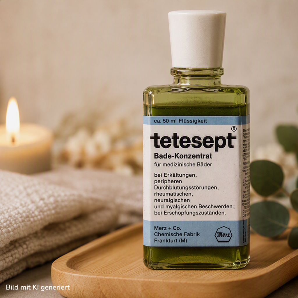 Eine Flasche Tetesept-Badezusatz auf einem Holztablett neben einer brennenden Kerze und einem Handtuch.