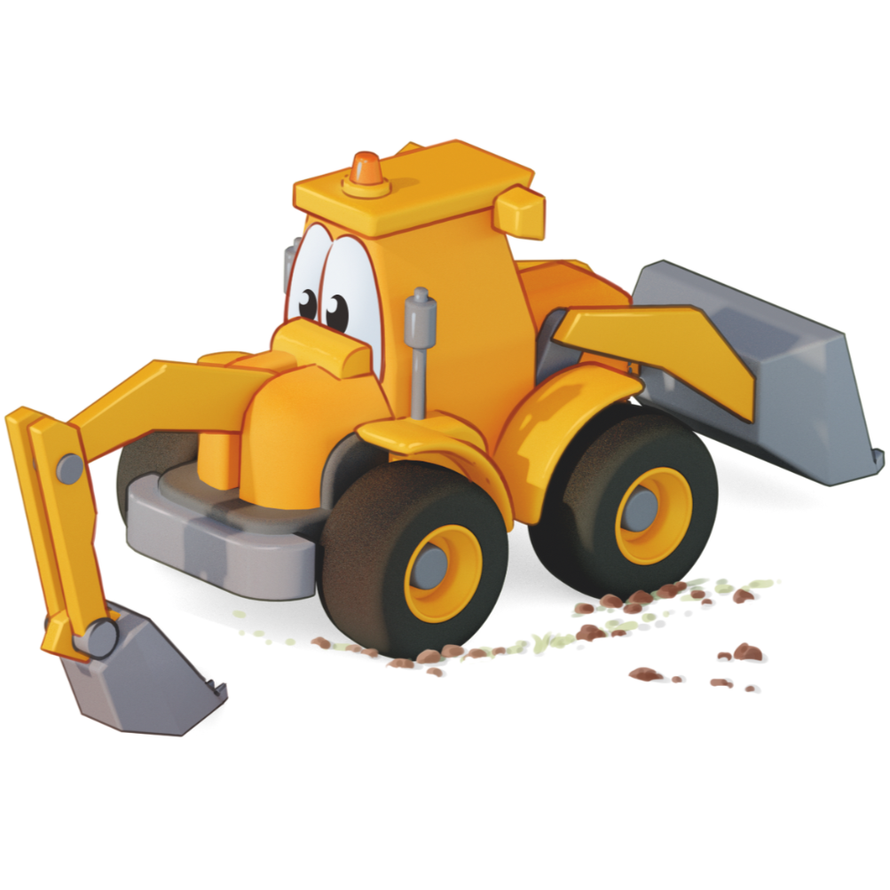 Gelber Cartoon-Bagger mit Augen auf der Windschutzscheibe, der mit der Frontschaufel Erde aushebt, vor weißem Hintergrund.