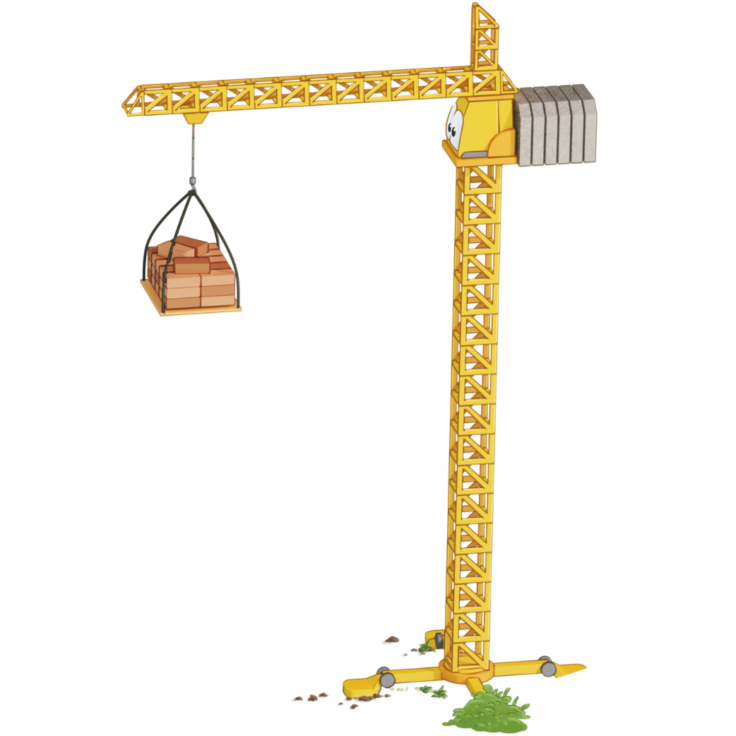 Ein gelber Baukran hebt Holzkisten an, auf denen Gewichte liegen; am Fuß des Krans sind Erde und Gras zu sehen.