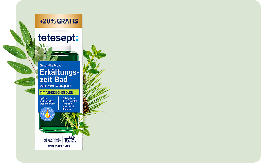Tetesept-Flüssigkeit für ein wohltuendes Bad bei Erkältungen mit Eukalyptus, Thymian, Rosmarin und Kampfer – jetzt mit 20 % Gratiszugabe.