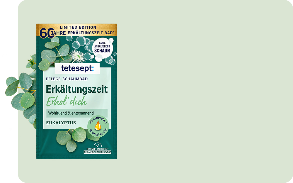 Verpackung des Tetesept-Eukalyptus-Schaumbads, verziert mit Eukalyptusblättern.
