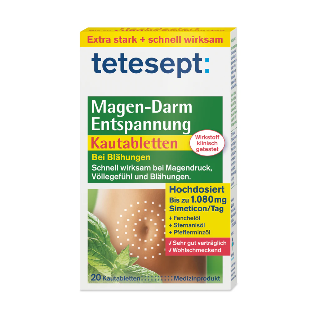 Packung „tetesept Magen-Darm-Entspannung“ Kautabletten, ein Mittel zur Unterstützung der Verdauung bei Blähungen, mit Minzgeschmack und Magen-Motiv.