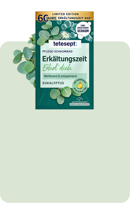 Tetesept Eukalyptus-Badeschaum-Beutel mit deutscher Beschriftung.