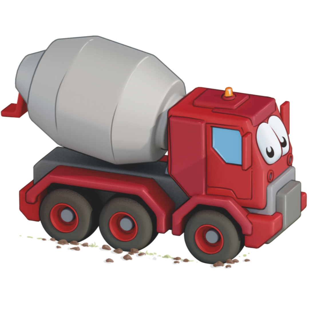 Ein roter Betonmischer im Cartoon-Stil mit großen Augen auf der Windschutzscheibe, der auf ein paar Steinen und Gras steht.