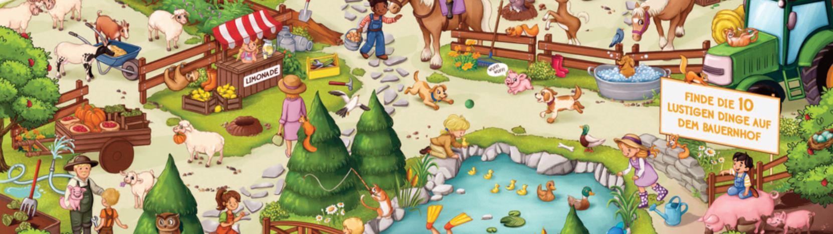 Bunte Cartoon-Farm mit Tieren, Menschen, einem Teich, Bäumen, einem Gemüsestand und einem Schild auf Deutsch, auf dem es darum geht, lustige Dinge zu entdecken.