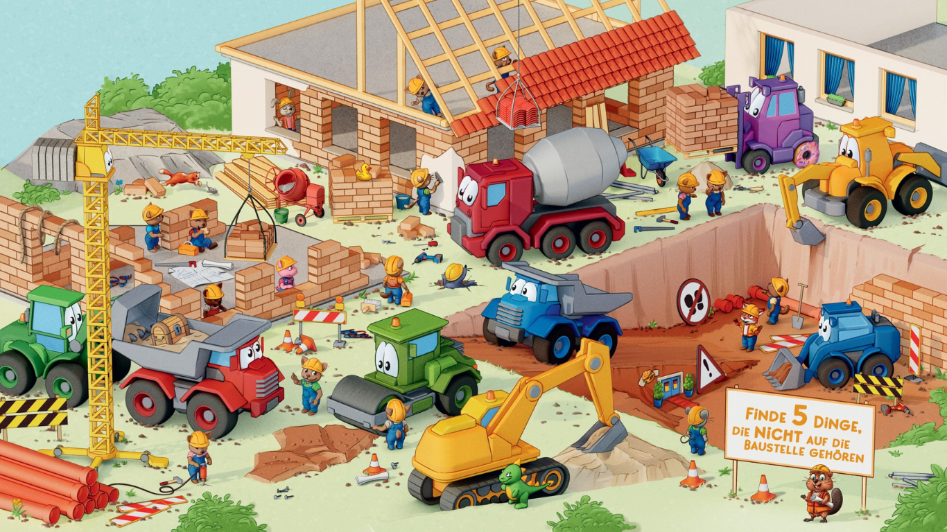 Zeichentrick-Baustelle mit Fahrzeugen, Arbeitern und einem Schild, auf dem dazu aufgefordert wird, fünf Dinge zu finden, die nicht dorthin gehören.