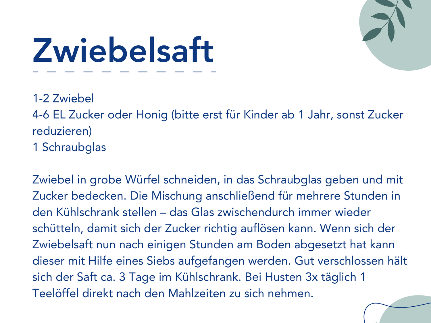 Rezept für Zwiebelsirup in deutscher Sprache, mit Zubereitungsanleitung und einer Blattverzierung in der rechten oberen Ecke.
