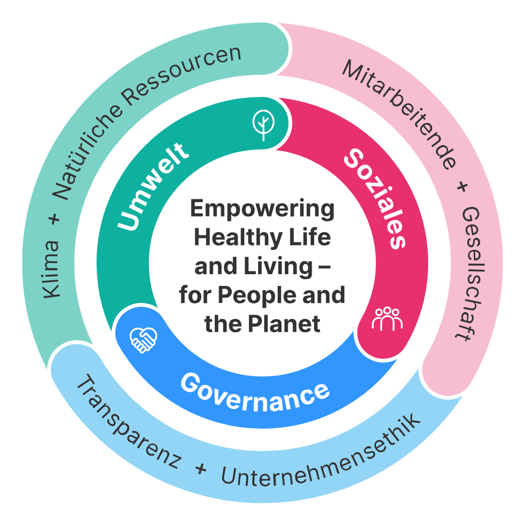 Kreisdiagramm: Förderung eines gesunden Lebens und Lebensstils durch Umwelt, Soziales, Governance und verwandte deutsche Begriffe.