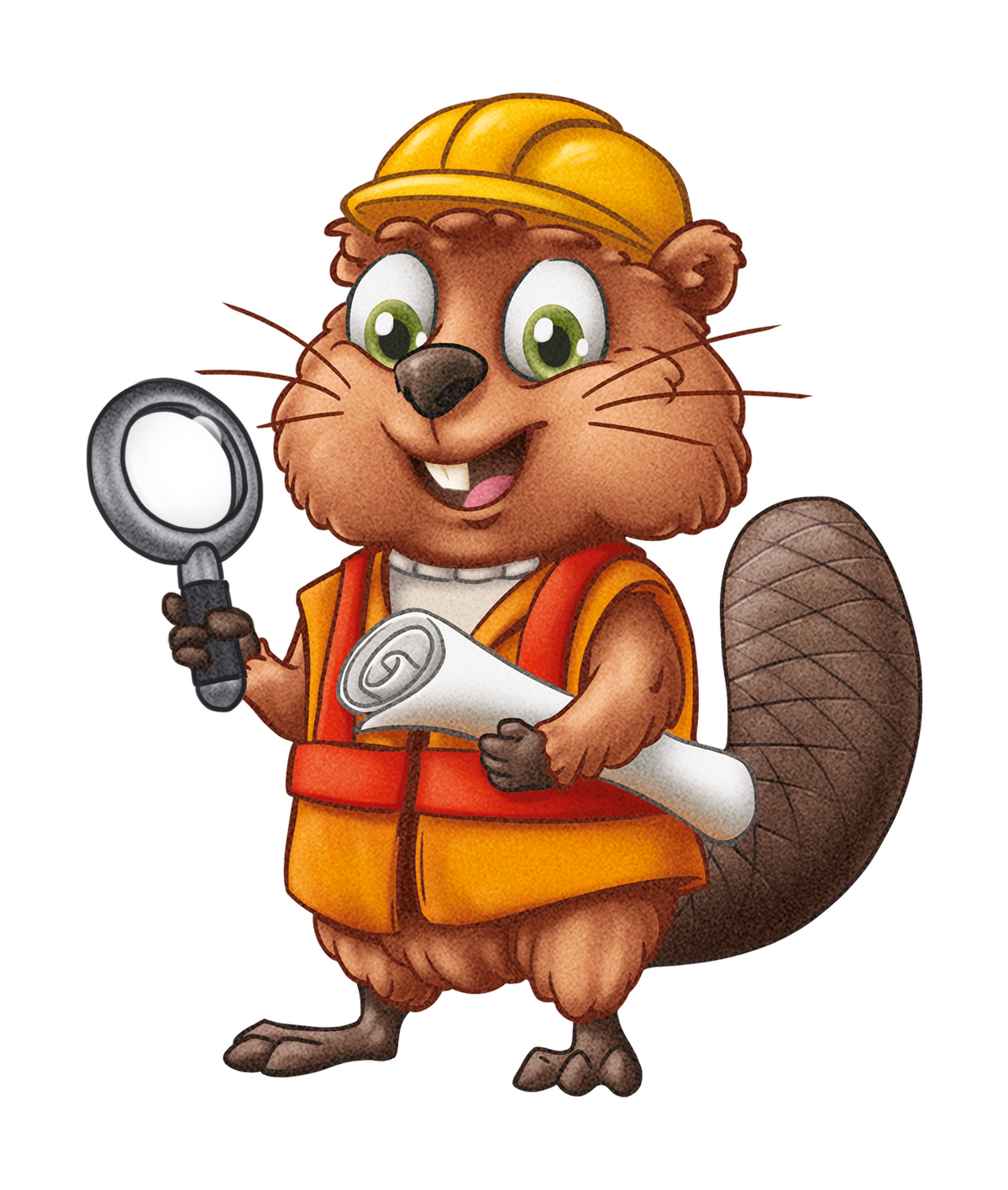 Ein lächelnder Biber aus einem Cartoon, der einen Schutzhelm und eine Weste trägt und eine Lupe sowie einen aufgerollten Bauplan in der Hand hält.